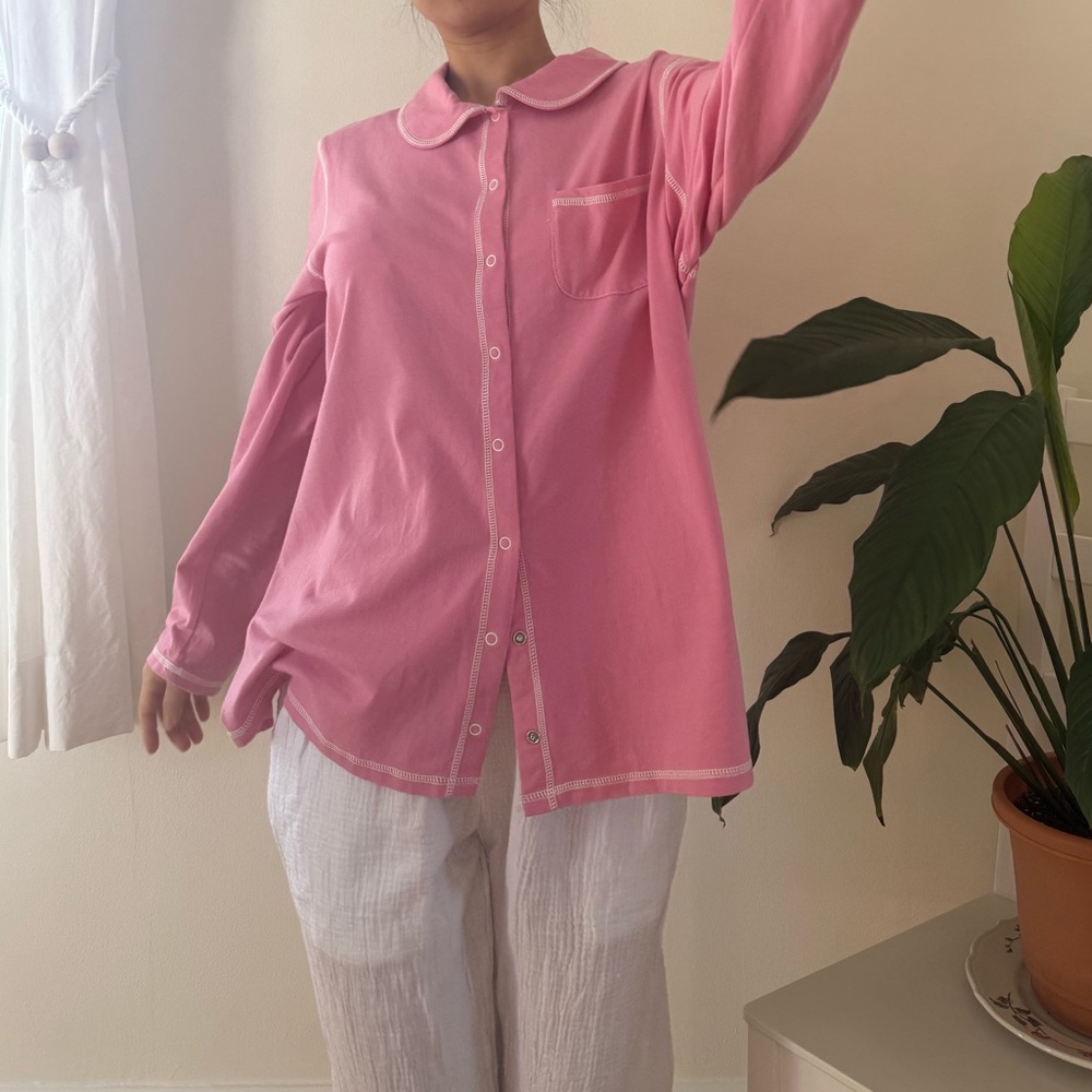 Denim & Company Cotton Pink Pajama Top With Snap Button Collared Size XL - Picture 7 of 11